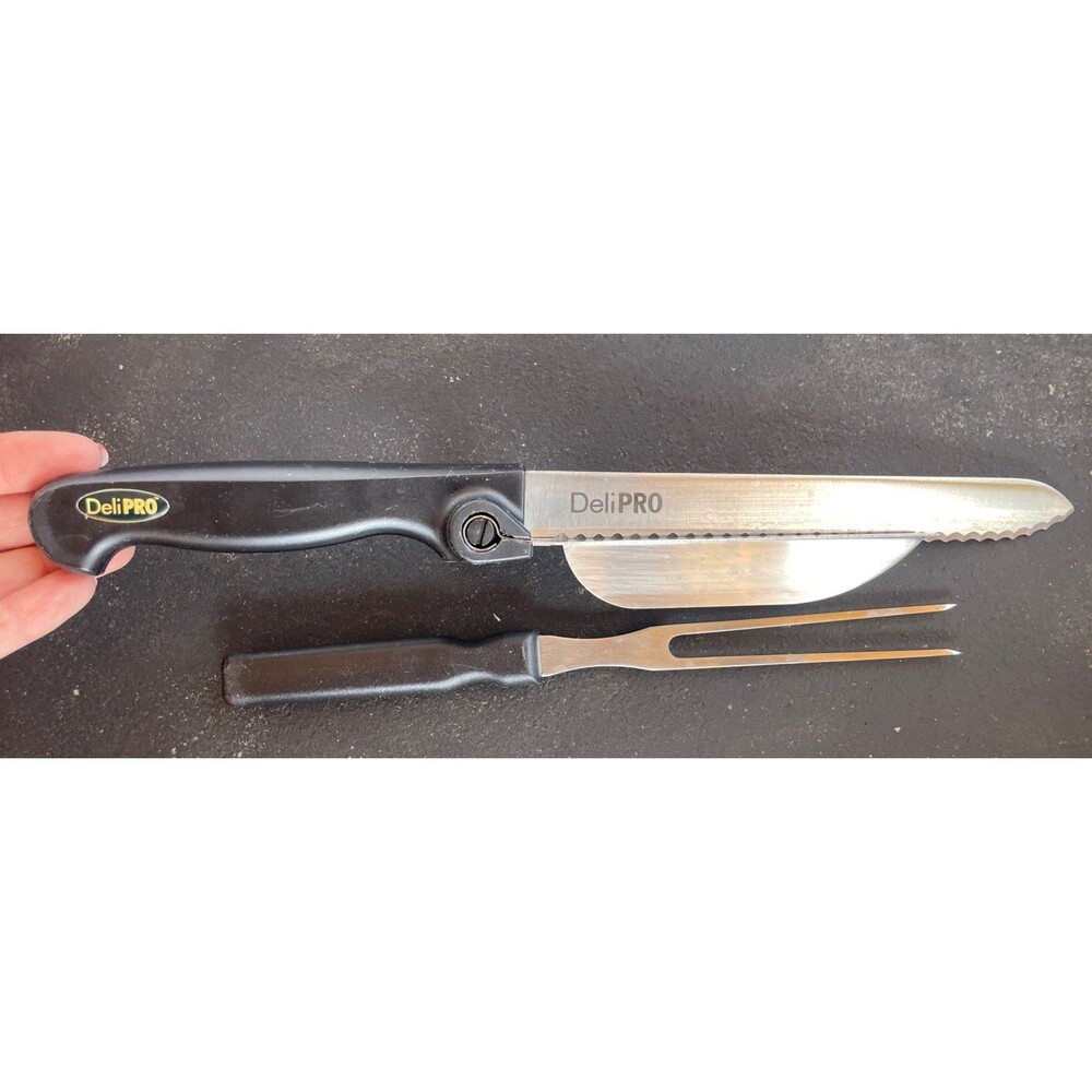 Deli Pro Knife w/ Slicing Guide & Safety Fork Adjustable Kitchen VTG